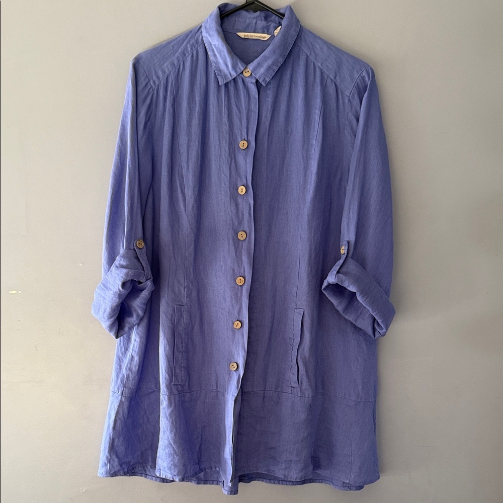 Soft Surroundings Women's Linen Jacket Blouse Long Sleeve Roll Up L 100%LINEN